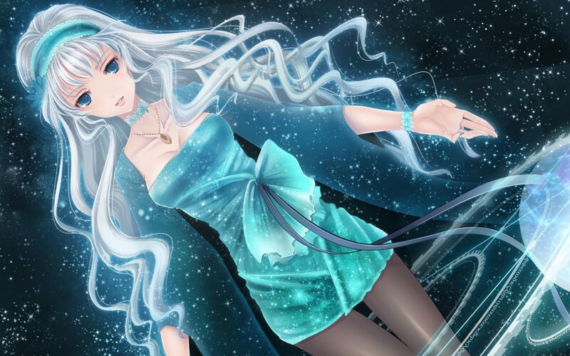Anime Girl in Space — Blue, Serene, Night, Digital Art, Starfield
