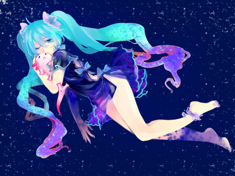 Anime Girl in Space — Blue, Serene, Night, Digital Art, Starry Sky