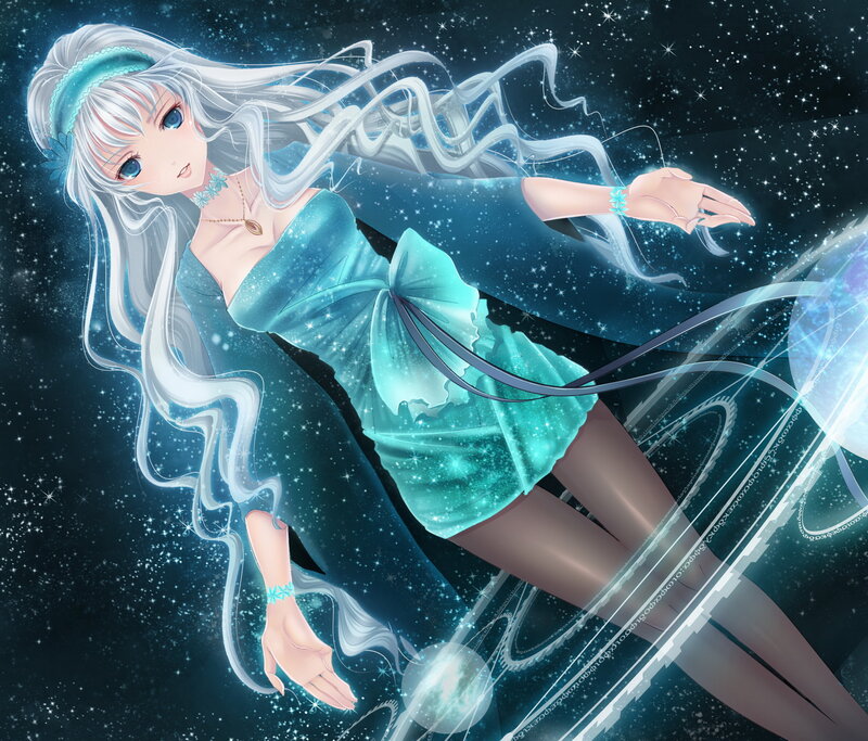 Anime Girl in Space — Blue, Serene, Night, Digital Art, Stars