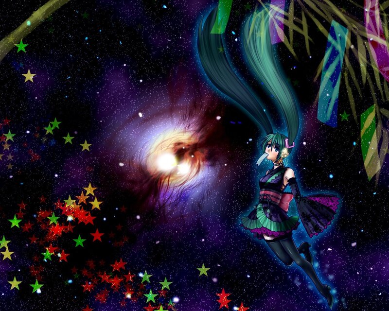 Anime Girl in Space — Purple, Cosmic, Night, Digital Art, Stars