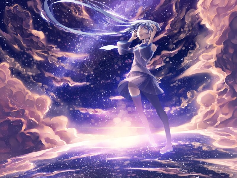 Anime Girl in Space — Purple, Dramatic, Night, Digital Art, Clouds