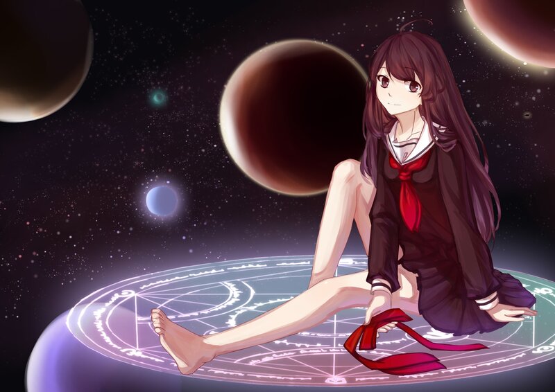 Anime Girl in Space — Purple, Serene, Night, Digital Art, Planets