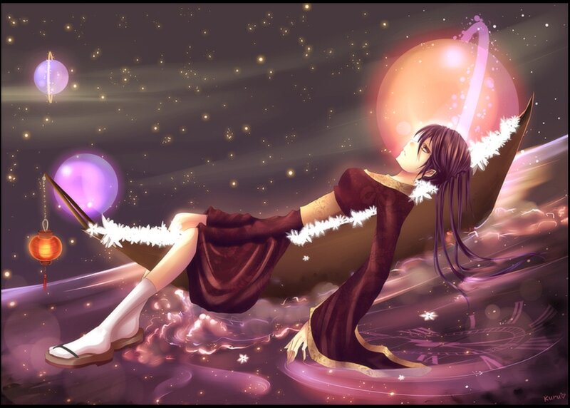 Anime Girl in Space — Purple, Serene, Night, Digital Art
