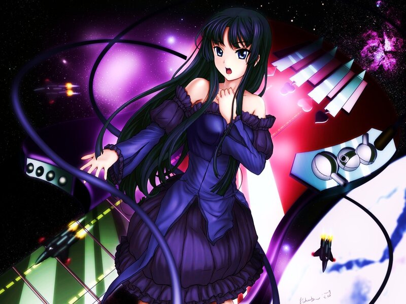 anime girl in space with piano