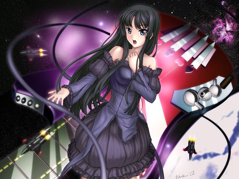 anime girl in space with piano