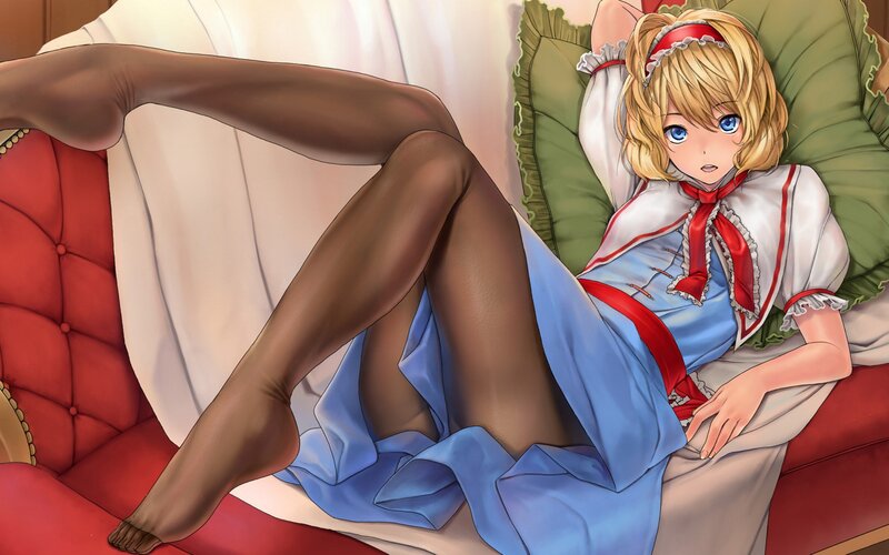anime girl in stockings on couch
