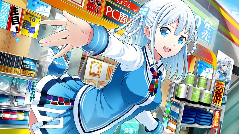Anime Girl in Store — Blue, Bright, Energetic