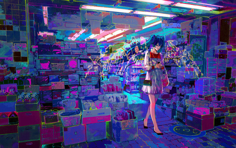 Anime Girl in Store — Blue, Neon
