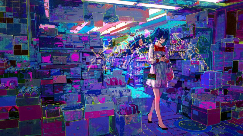 Anime Girl in Store — Purple, Neon