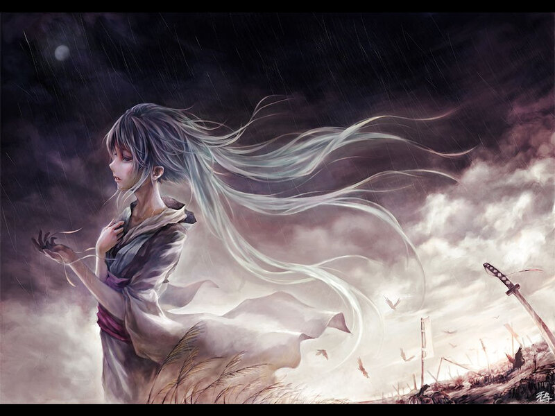 Anime girl in stormy landscape