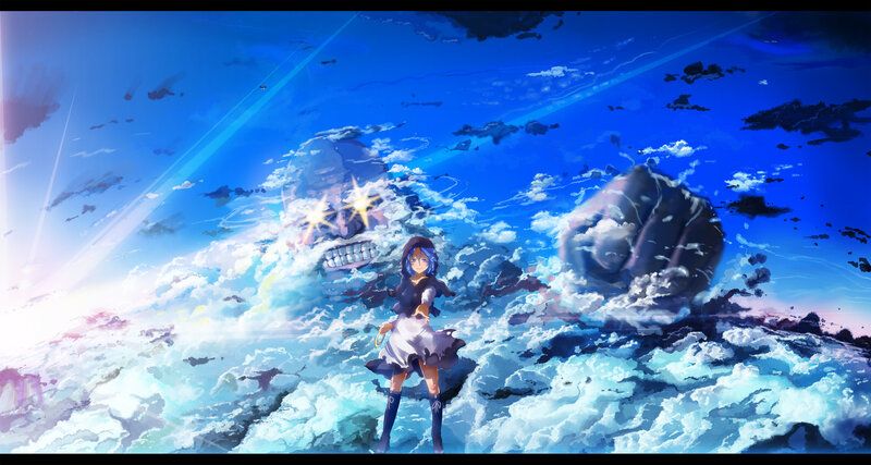 anime girl in stormy sky