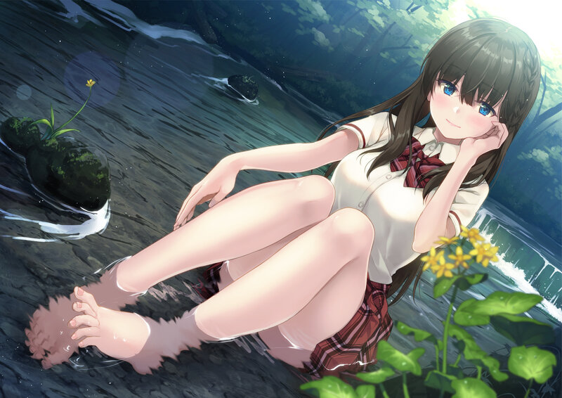 Anime Girl in Stream — Green, Serene, Afternoon, Digital Art