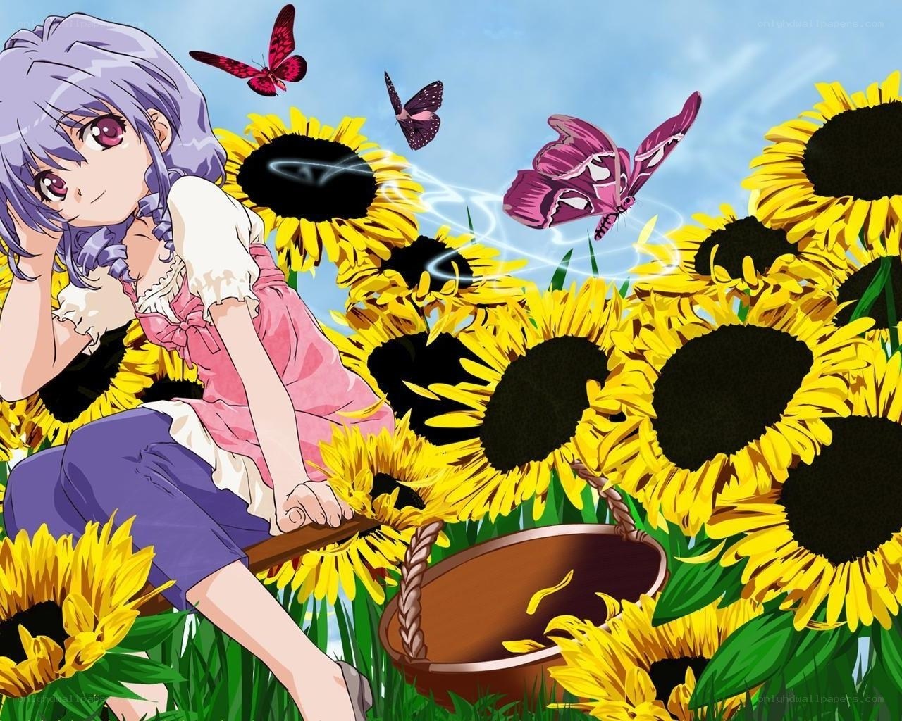 Anime girl in sunflower field
