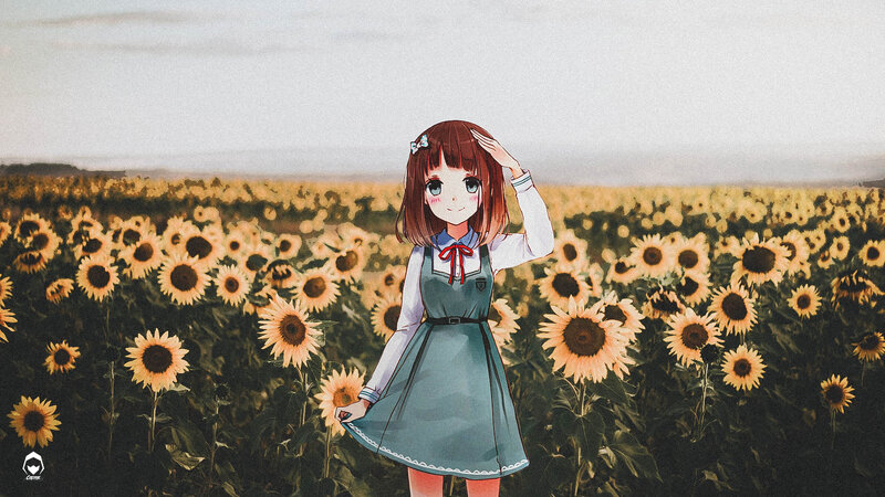 Anime Girl in Sunflower Field — Yellow, Serene, Afternoon, Digital Art, Sunflowers, Dress