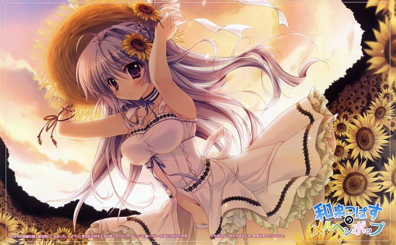 Anime Girl in Sunflower Field — Yellow, Serene, Sunset, Sunflowers, Straw Hat