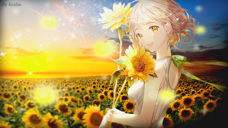 Anime Girl in Sunflower Field — Yellow, Serene, Sunset