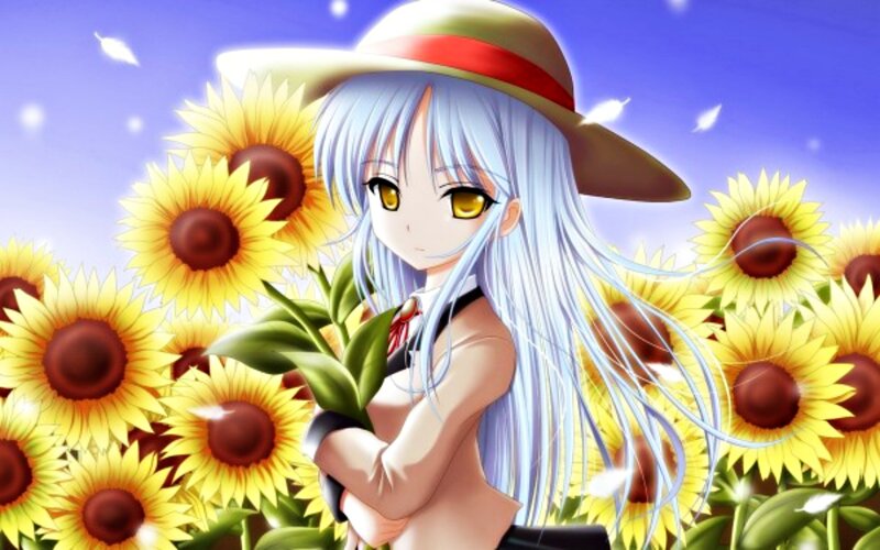 Anime Girl in Sunflowers — Blue, Serene, Summer