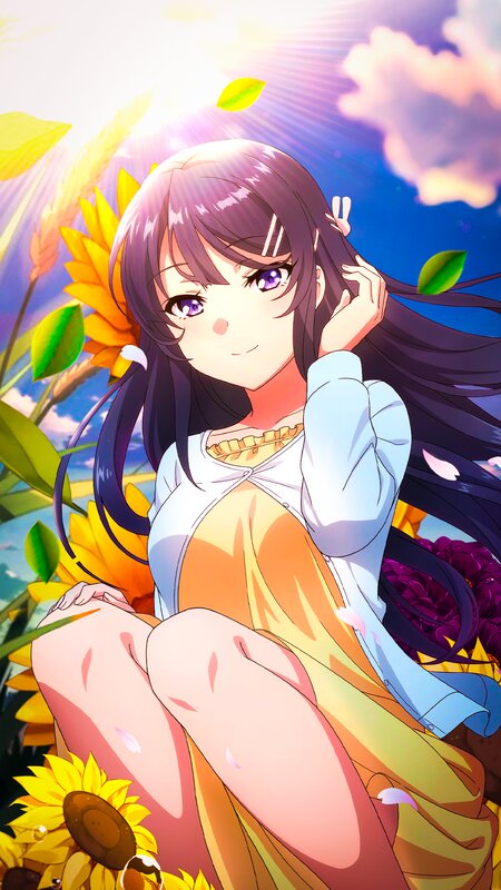 Anime Girl in Sunflowers — Purple, Serene