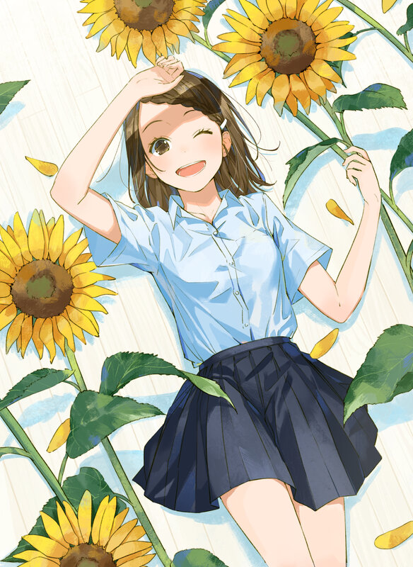 Anime Girl in Sunflowers — Yellow, Cheerful, Summer