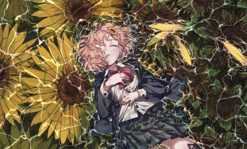 Anime Girl in Sunflowers — Yellow, Serene, Afternoon, Manga