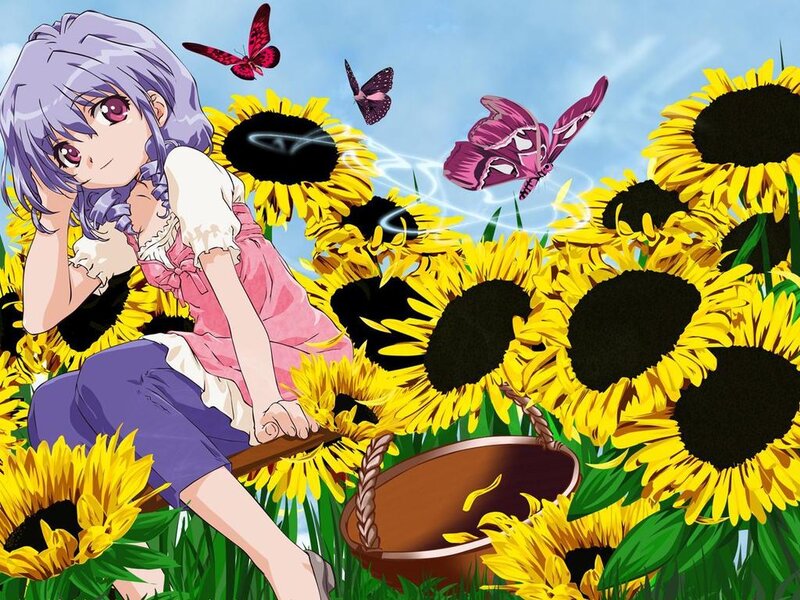 Anime Girl in Sunflowers — Yellow, Serene, Afternoon