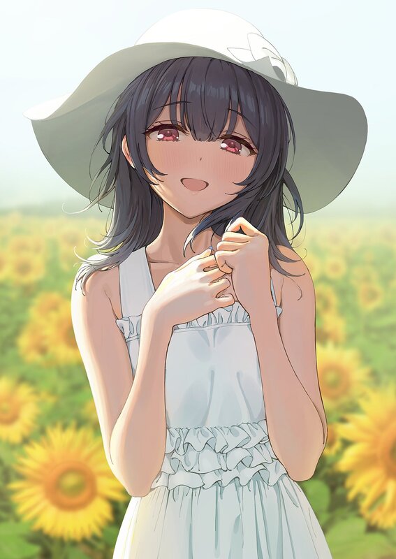 Anime Girl in Sunflowers — Yellow, Serene, Summer