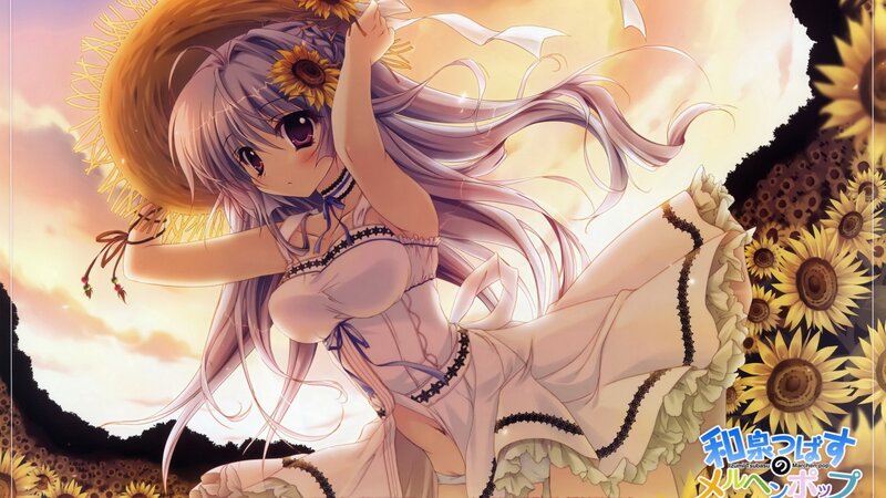 Anime Girl in Sunflowers — Yellow, Serene, Sunset