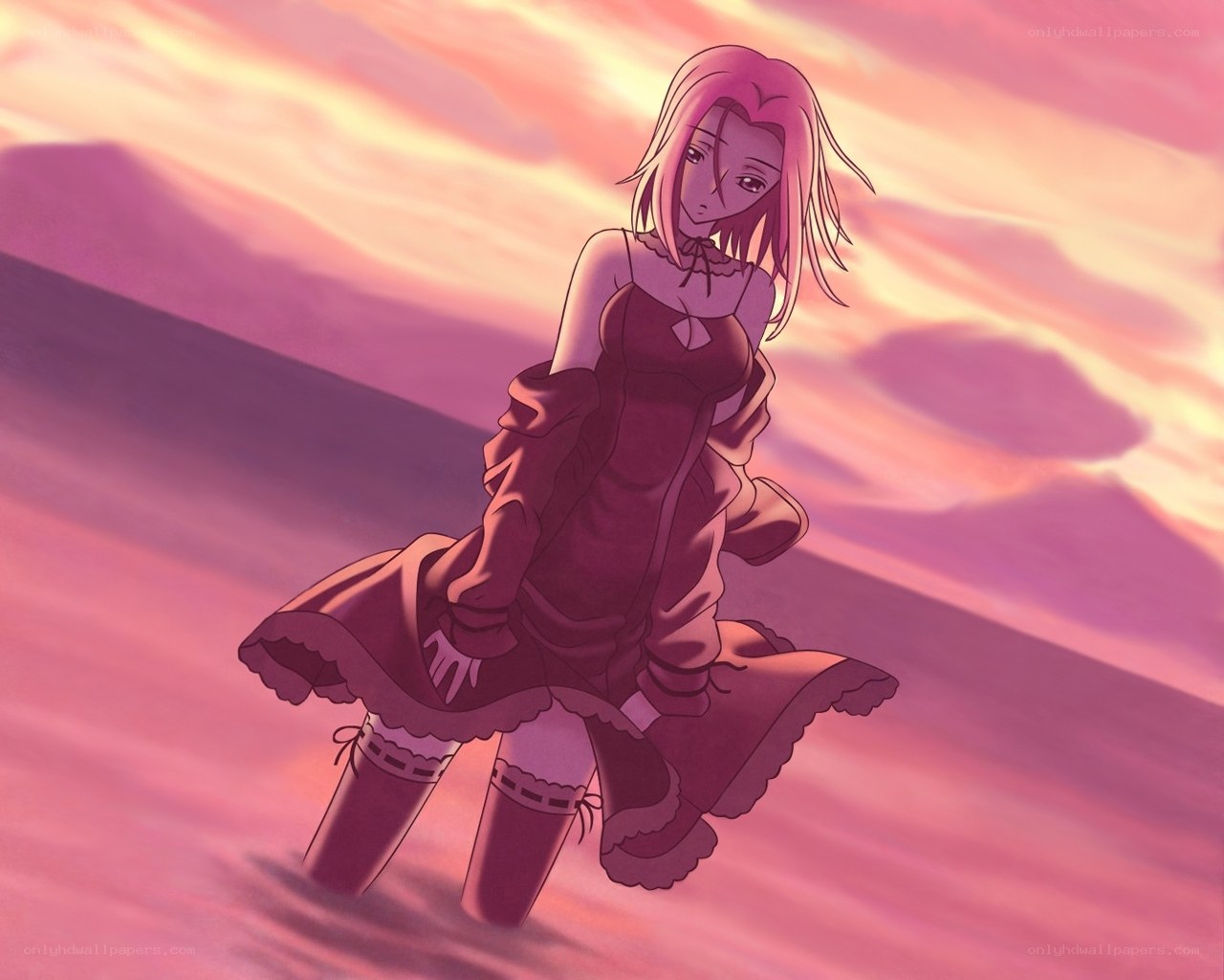 anime girl in sunset