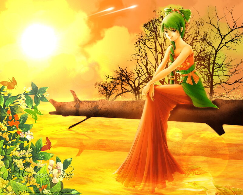 Anime girl in sunset scene