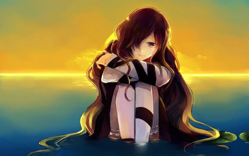 anime girl in sunset water
