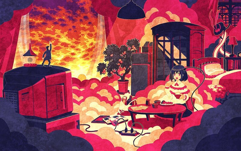 Anime girl in surreal room