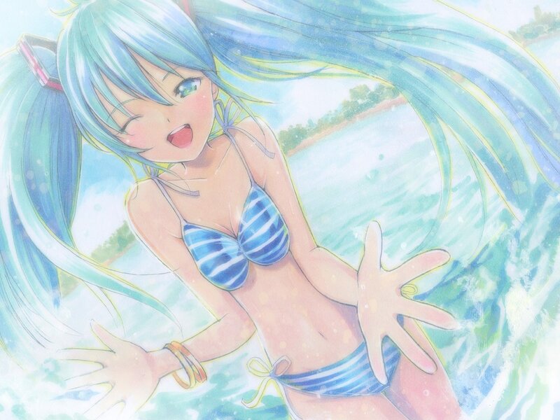 anime girl in swimsuit at beach
