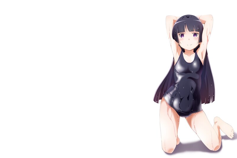 Anime Girl in Swimsuit — Black, Calm, Kneeling