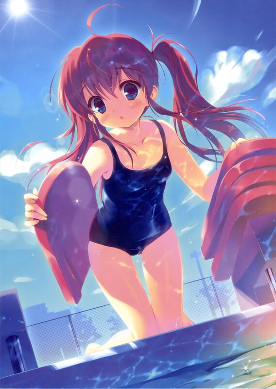 Anime Girl in Swimsuit — Blue, Bright, Afternoon, Pool, Sunlight