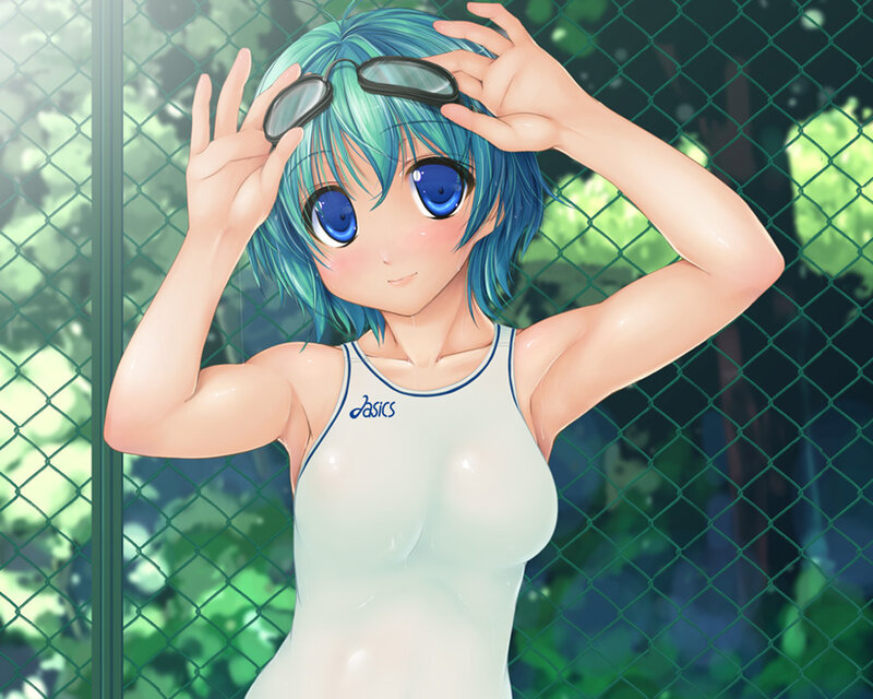Anime Girl in Swimsuit — Blue, Calm, Afternoon, Goggles
