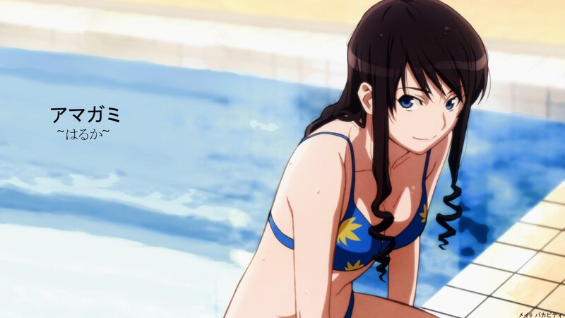 Anime Girl in Swimsuit — Blue, Calm, Afternoon, Pool, Text