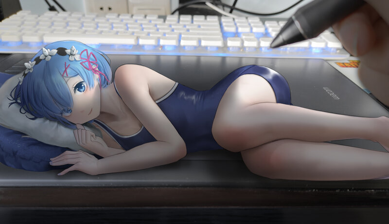 Anime Girl in Swimsuit — Blue, Calm, Digital Art, Keyboard