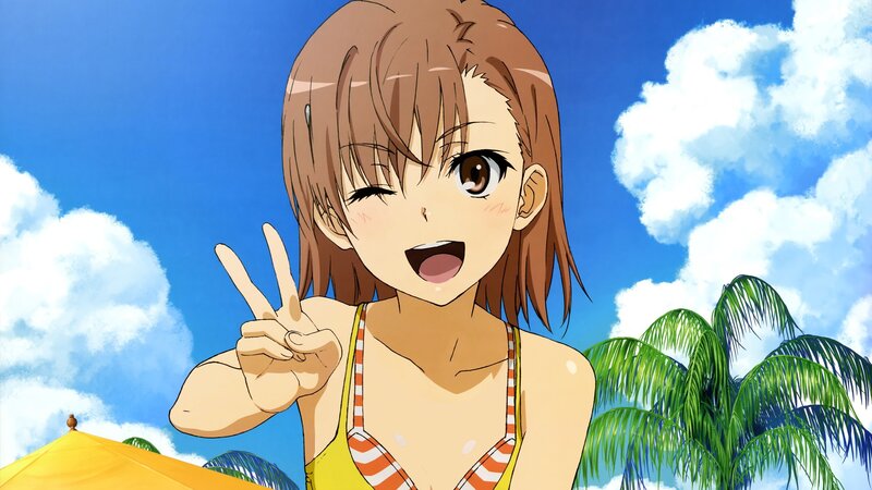 Anime Girl in Swimsuit — Blue, Cheerful, Summer, Palm Tree