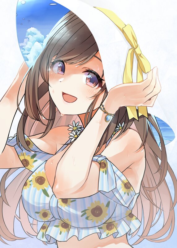 Anime Girl in Swimsuit — Blue, Cheerful, Summer, Sunflower Pattern