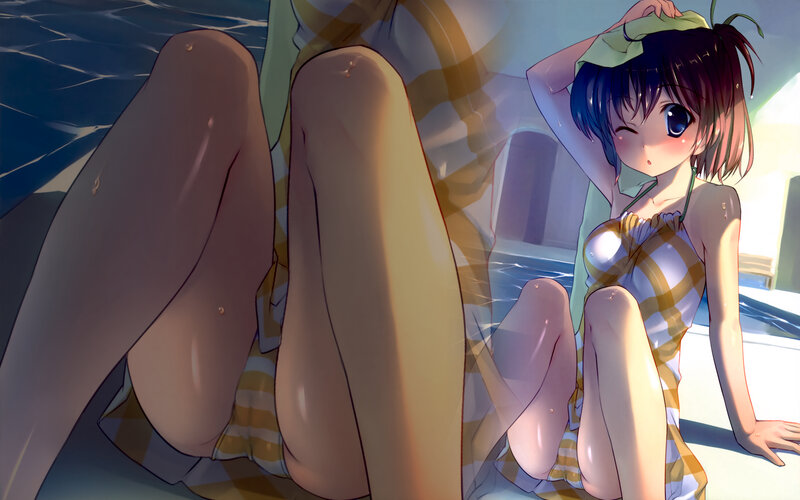 Anime Girl in Swimsuit — Blue, Playful, Afternoon, Pool