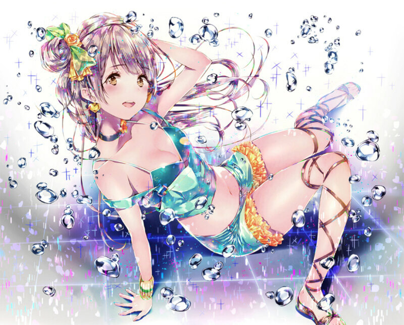 Anime Girl in Swimsuit — Blue, Playful, Digital Art, Bubbles