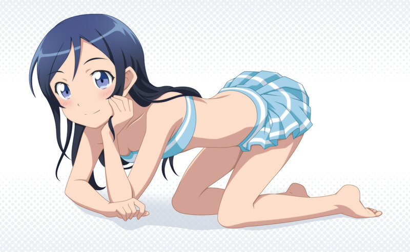 Anime Girl in Swimsuit — Blue, Playful, Kneeling