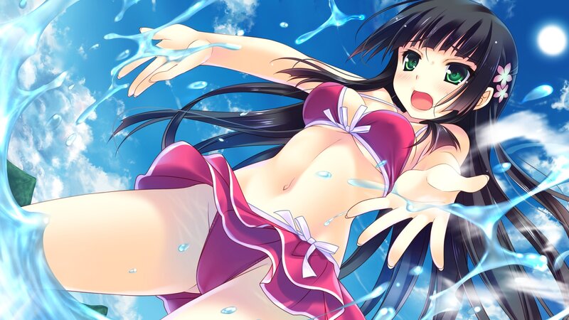Anime Girl in Swimsuit — Blue, Playful, Summer, Water, Flower