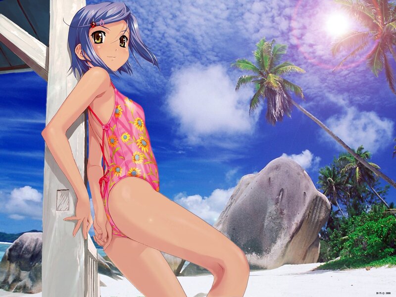 Anime Girl in Swimsuit — Blue, Serene, Afternoon, Beach, Palm Tree, Rock