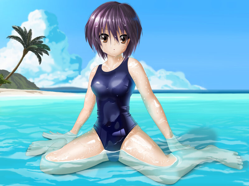 Anime Girl in Swimsuit — Blue, Serene, Afternoon, Beach, Palm Tree