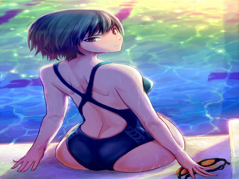 Anime Girl in Swimsuit — Blue, Serene, Afternoon, Goggles