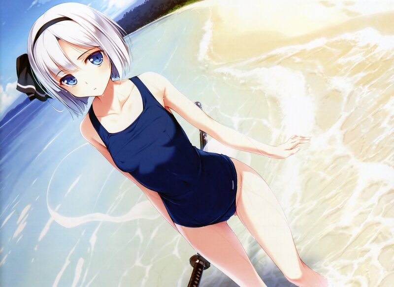 Anime Girl in Swimsuit — Blue, Serene, Afternoon, Sword