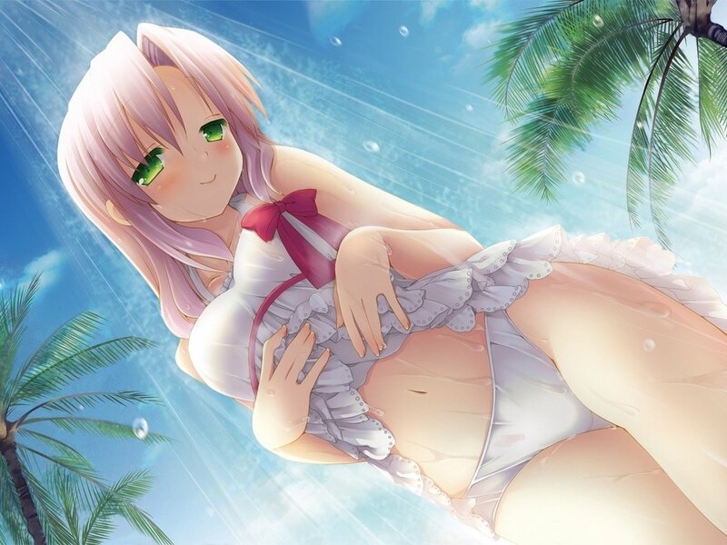Anime Girl in Swimsuit — Blue, Serene, Summer, Palm Tree