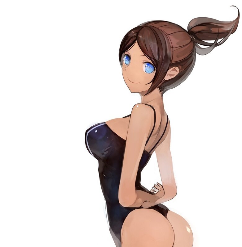Anime Girl in Swimsuit — Brown, Playful, Blue Eyes