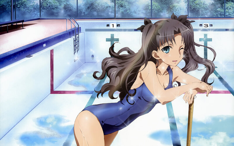 anime girl in swimsuit by pool